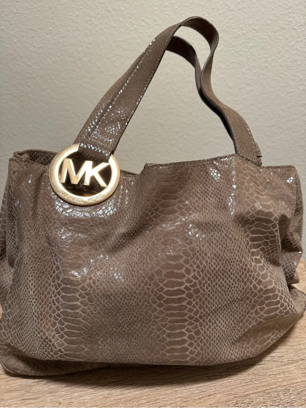 Michael Kors Shiny Taupe Snake-Embossed Shoulder Tote